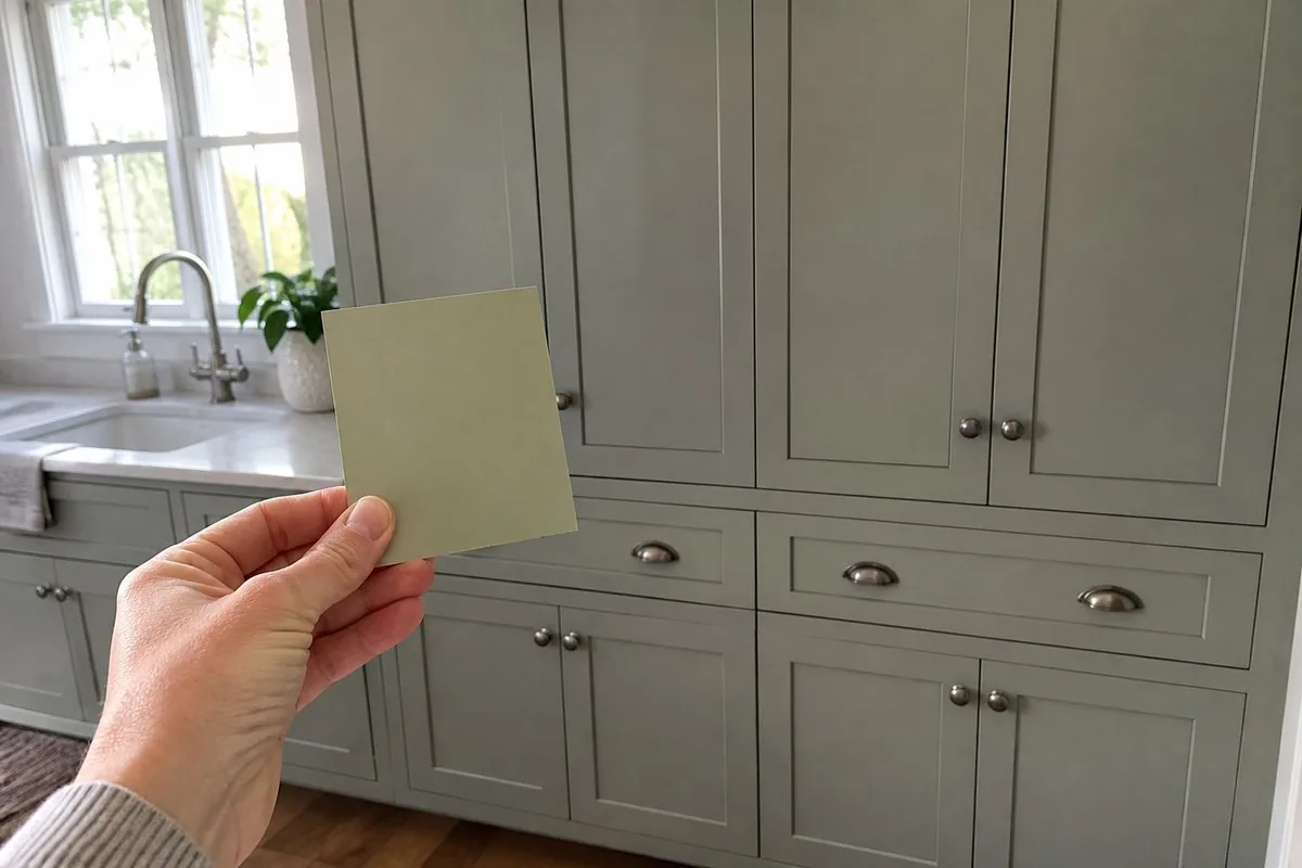 A warm sage paint sample held against full cabinets that appear cooler and greyer in the room